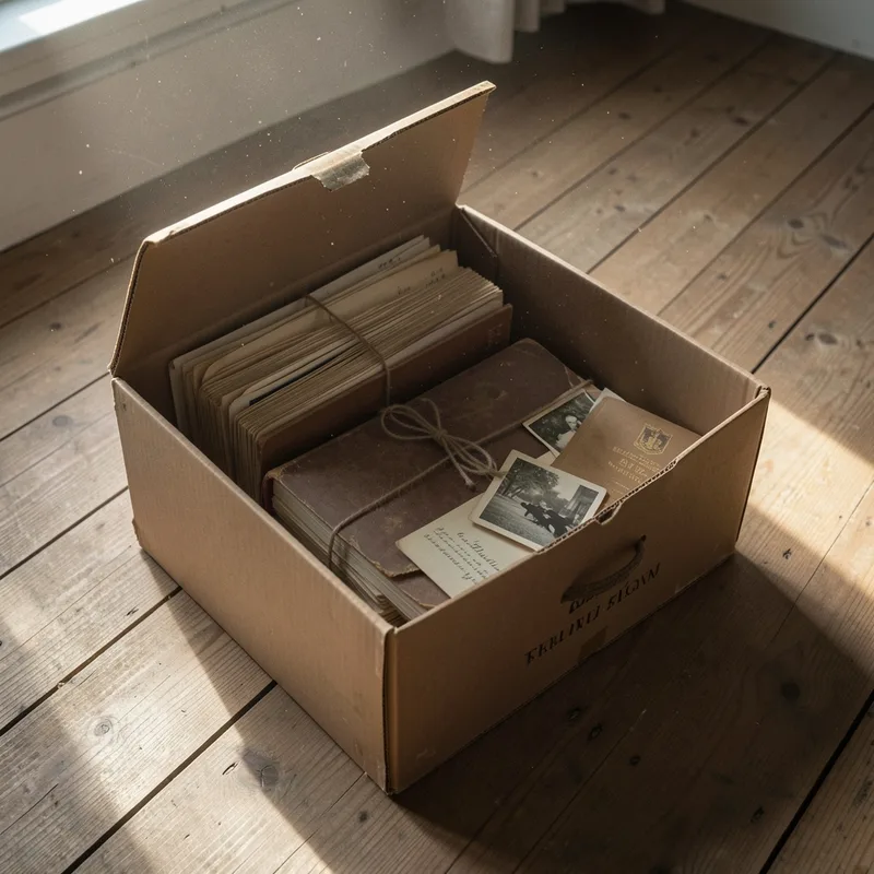 Boîte d&rsquo;archives familiales ouverte avec lettres, photographies et carnets