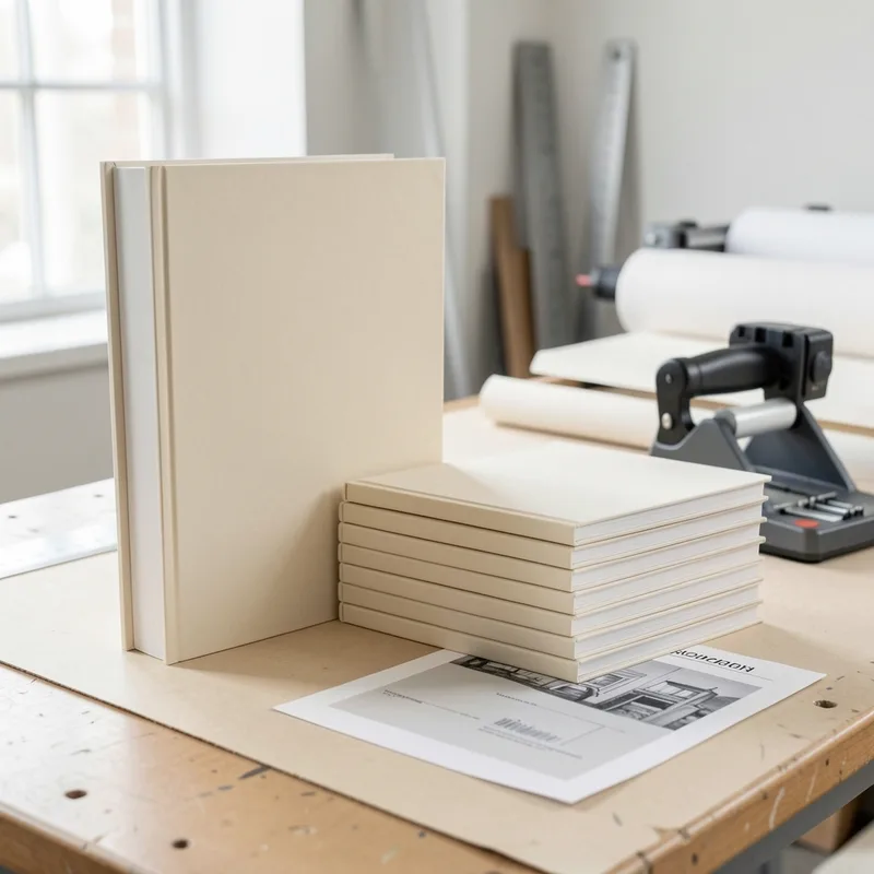 Livre relié posé près d&rsquo;une pile d&rsquo;exemplaires imprimés et d&rsquo;une couverture d&rsquo;essai