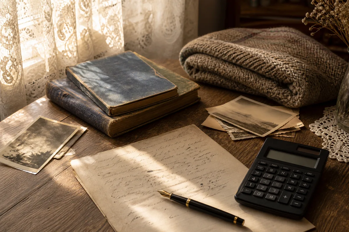 Devis manuscrit, stylo et calculatrice posés sur un bureau en bois