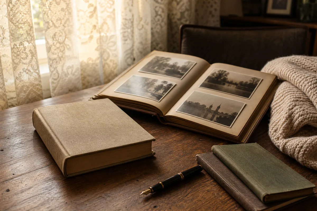 Livre relié posé sur une table de famille, à côté d&rsquo;un album photo ouvert