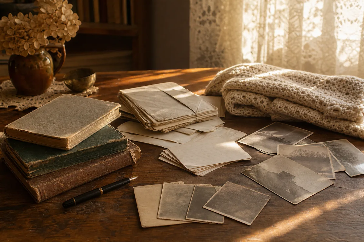 Table couverte de photographies, de lettres anciennes et de fiches manuscrites