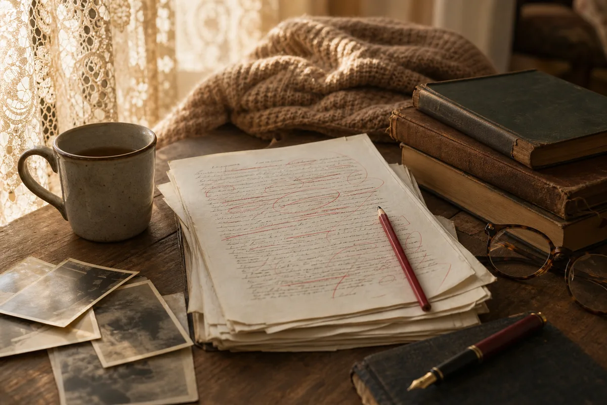 Manuscrit annoté au crayon rouge posé à côté d’une tasse et de lunettes