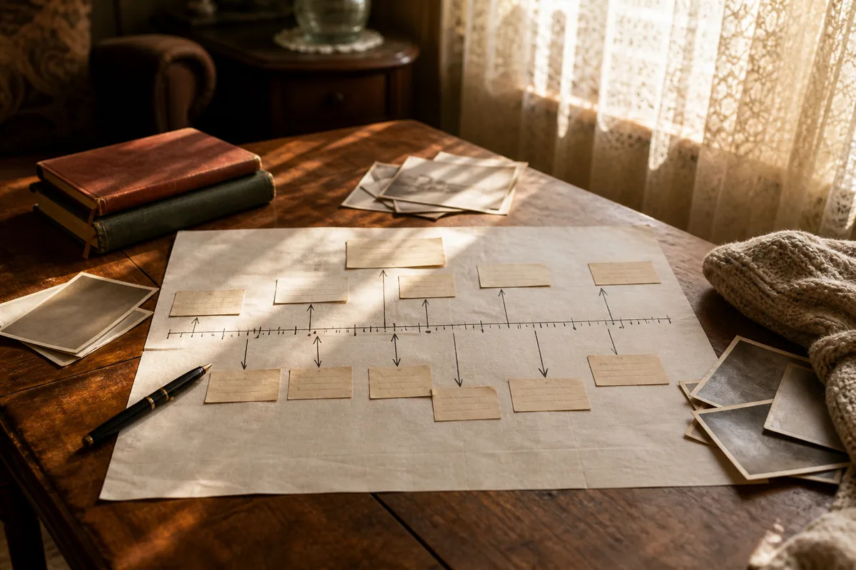 Frise chronologique manuscrite étalée sur une table avec des fiches