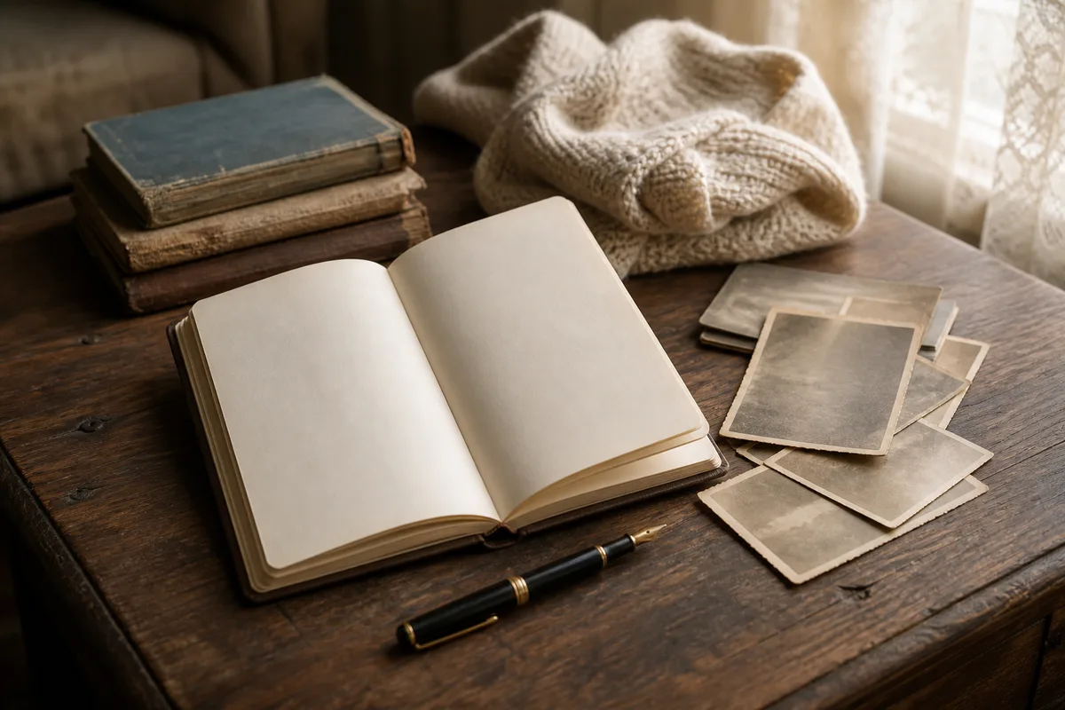 Carnet ouvert et stylo posés près d&rsquo;une pile de photographies anciennes