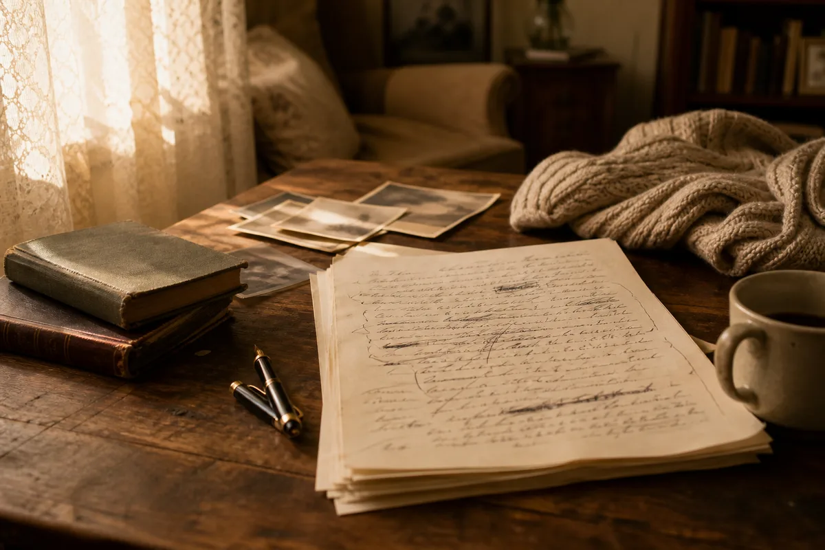 Personne assise à un bureau relisant un manuscrit annoté à la main