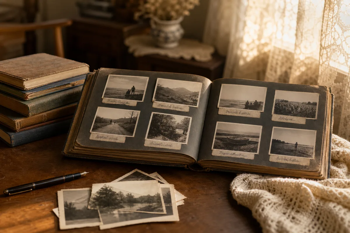 Album de famille ouvert avec photographies noir et blanc et légendes manuscrites