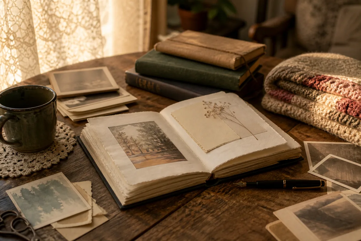 Grand-père et petite-fille assemblant un carnet illustré sur une table