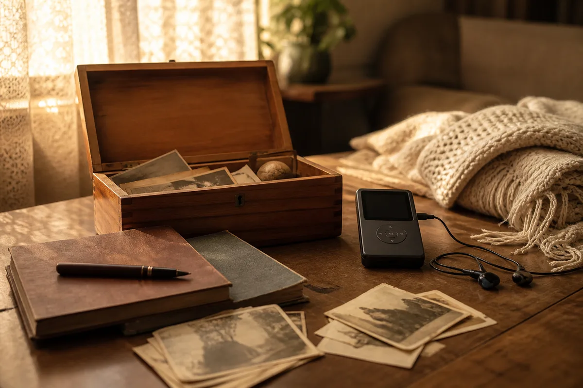 Petits-enfants écoutant un enregistrement audio près d&rsquo;une boîte de souvenirs